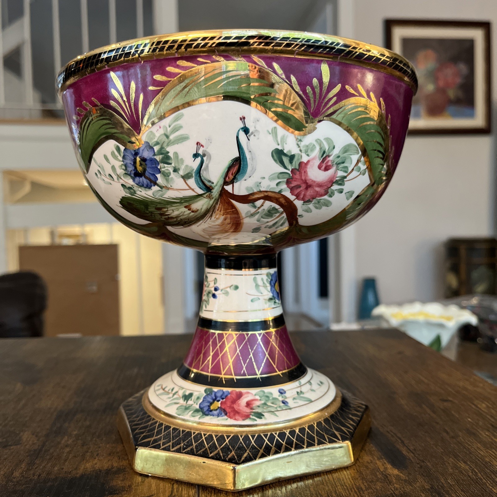 H Bequet Belgium Hand Painted Peacock Pedestal Bowl Ruby Gold Vintage Centerpiec