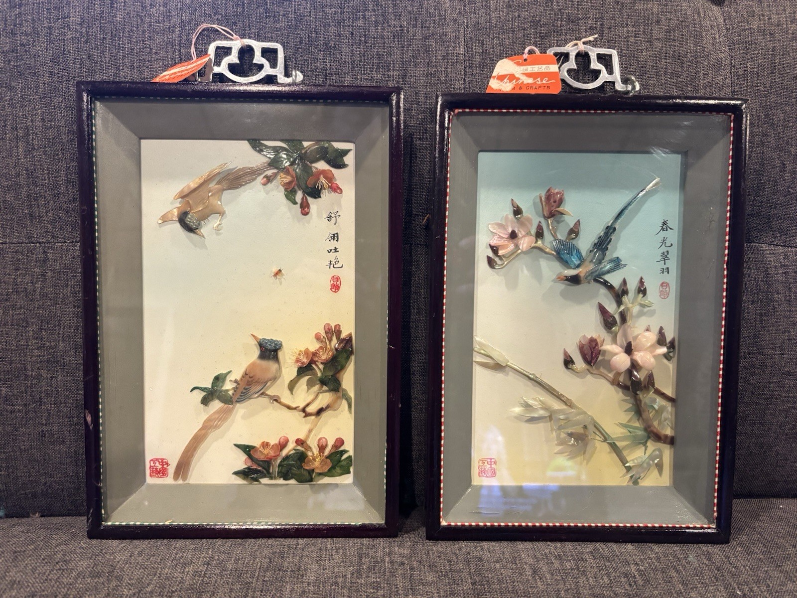 2 VINTAGE CHINESE 3D Carved Stone & Mother of Pearl Bird Art SIGNED
