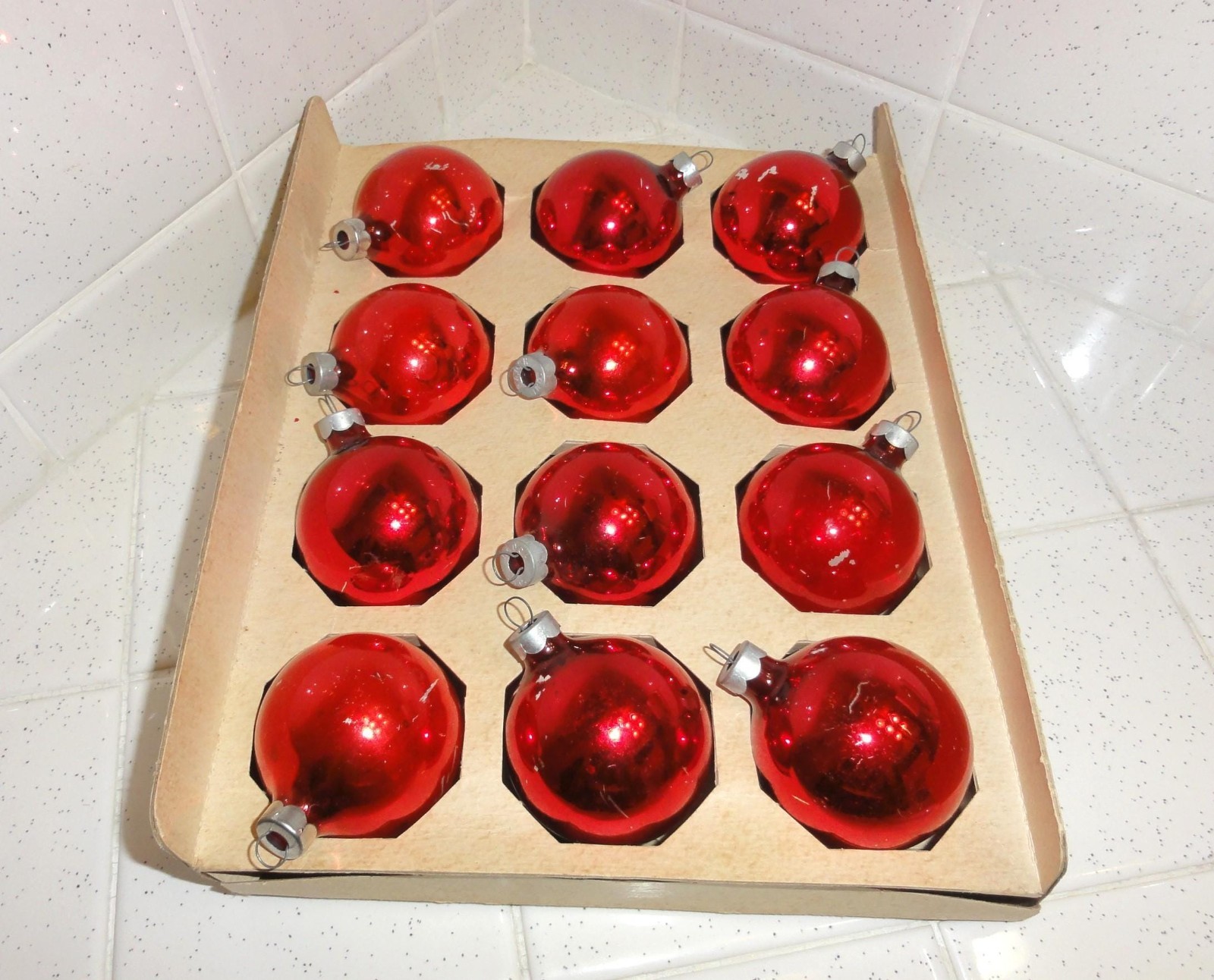 Vintage Rauch 12 Red Glass Ball Christmas Ornaments open box no lid mcm retro