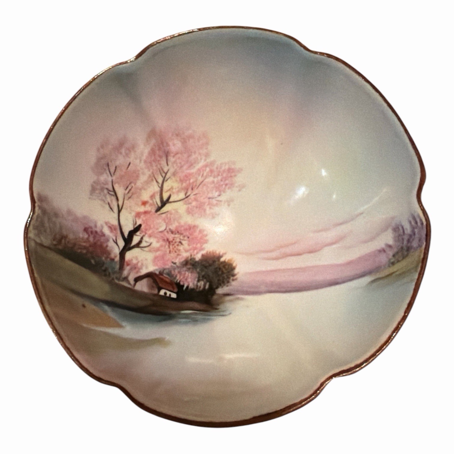 Vintage Noritake Hand Painted Tri-Footed Bowl Cherry Blossom Landscape Japan M Vintage Noritake Hand Painted Tri-Footed Bowl Cherry Blossom Landscape Japan M