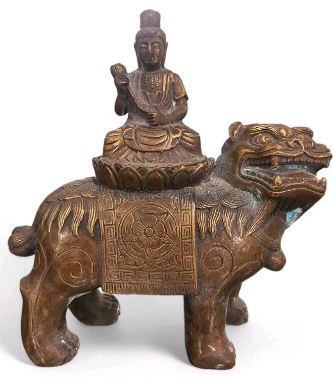 Antique Quan Yin Riding Foo Dog Bronze Statue/Figurine-3\
