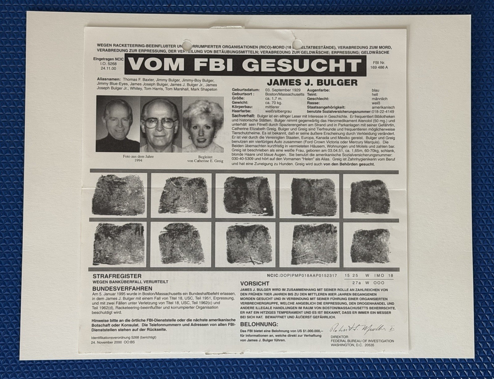Original FBI Wanted Poster James Whitey Bulger Boston Mob Boss RARE German Original FBI Wanted Poster James Whitey Bulger Boston Mob Boss RARE German