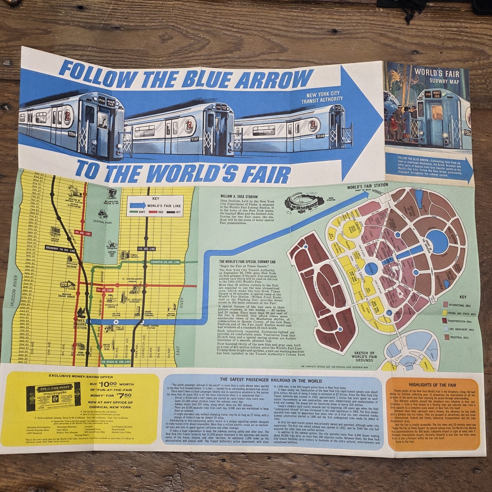 Vintage 1964 New York Worlds Fair Subway Map NYC Transit Authority Blue Arrow