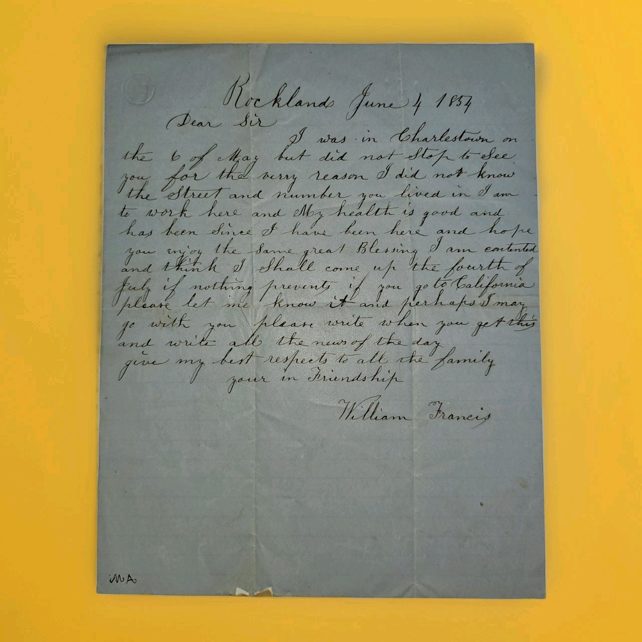 1854 California Gold Rush Era Letter Mentioning Going West Manuscript