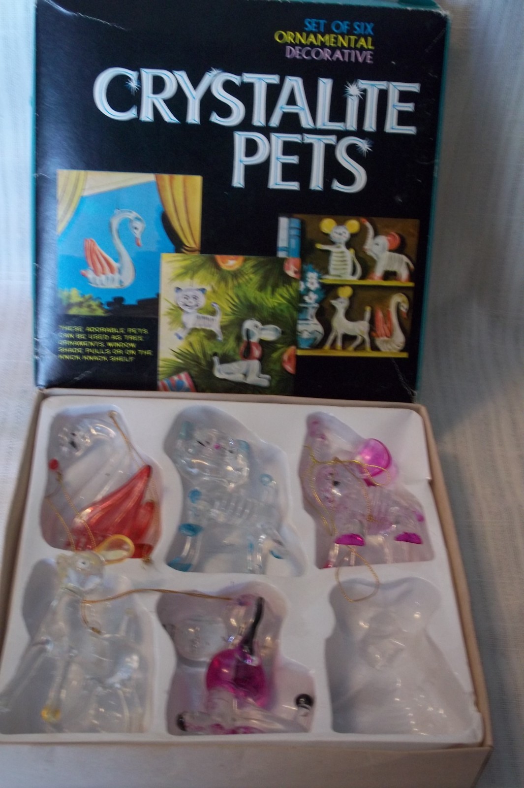 Vintage  CRYSTALITE PET ORNAMENTS 5 Plastic Swan Deer Cat Dog  Elephant