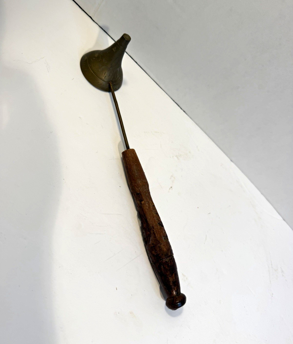 Antique Finish Brass candle snuffer  w/ carved Wooden Handle 12 in vintage