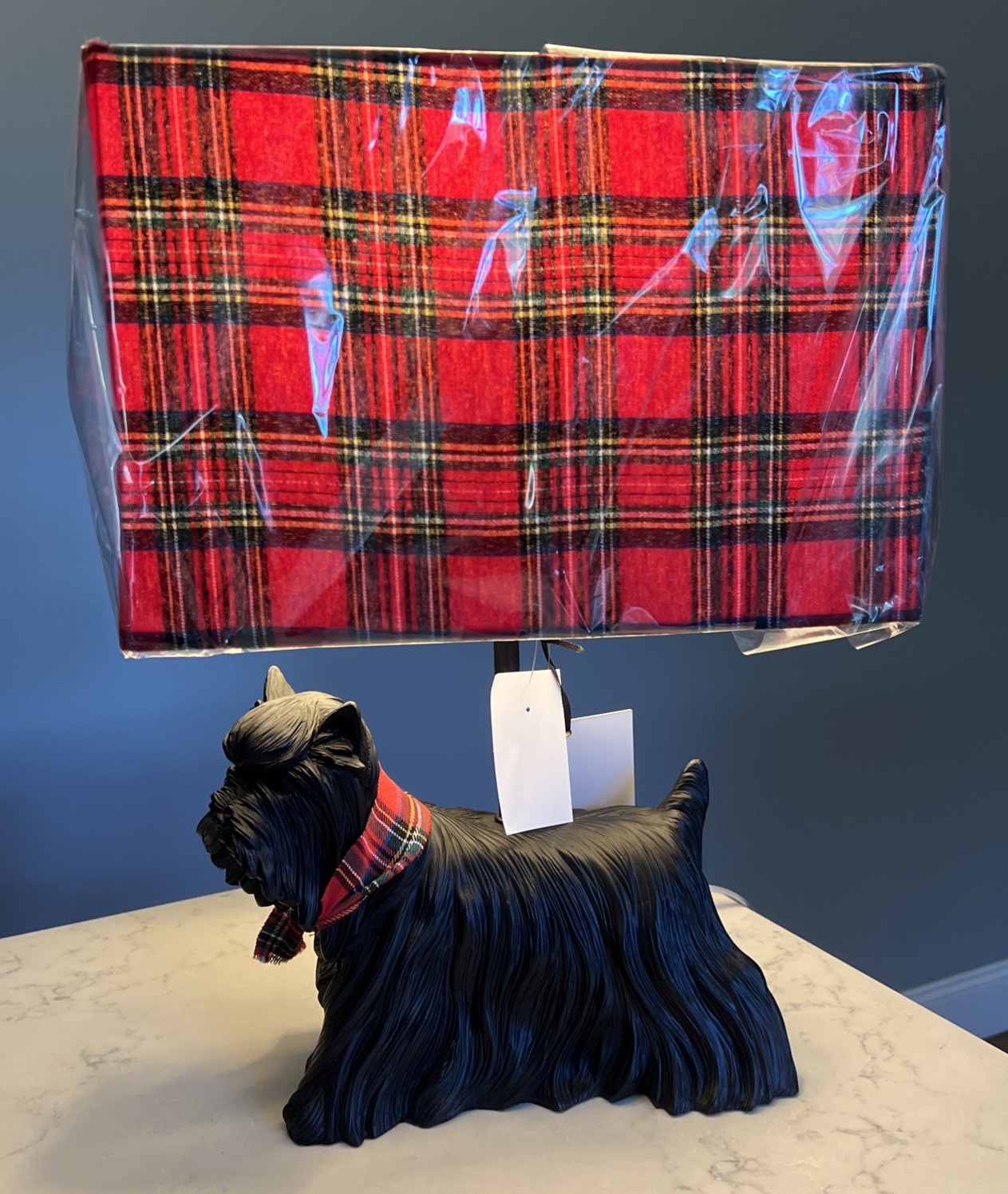Karma Home Black Scottie Terrior Dog Christmas Lamp w/ Red Plaid Shade New