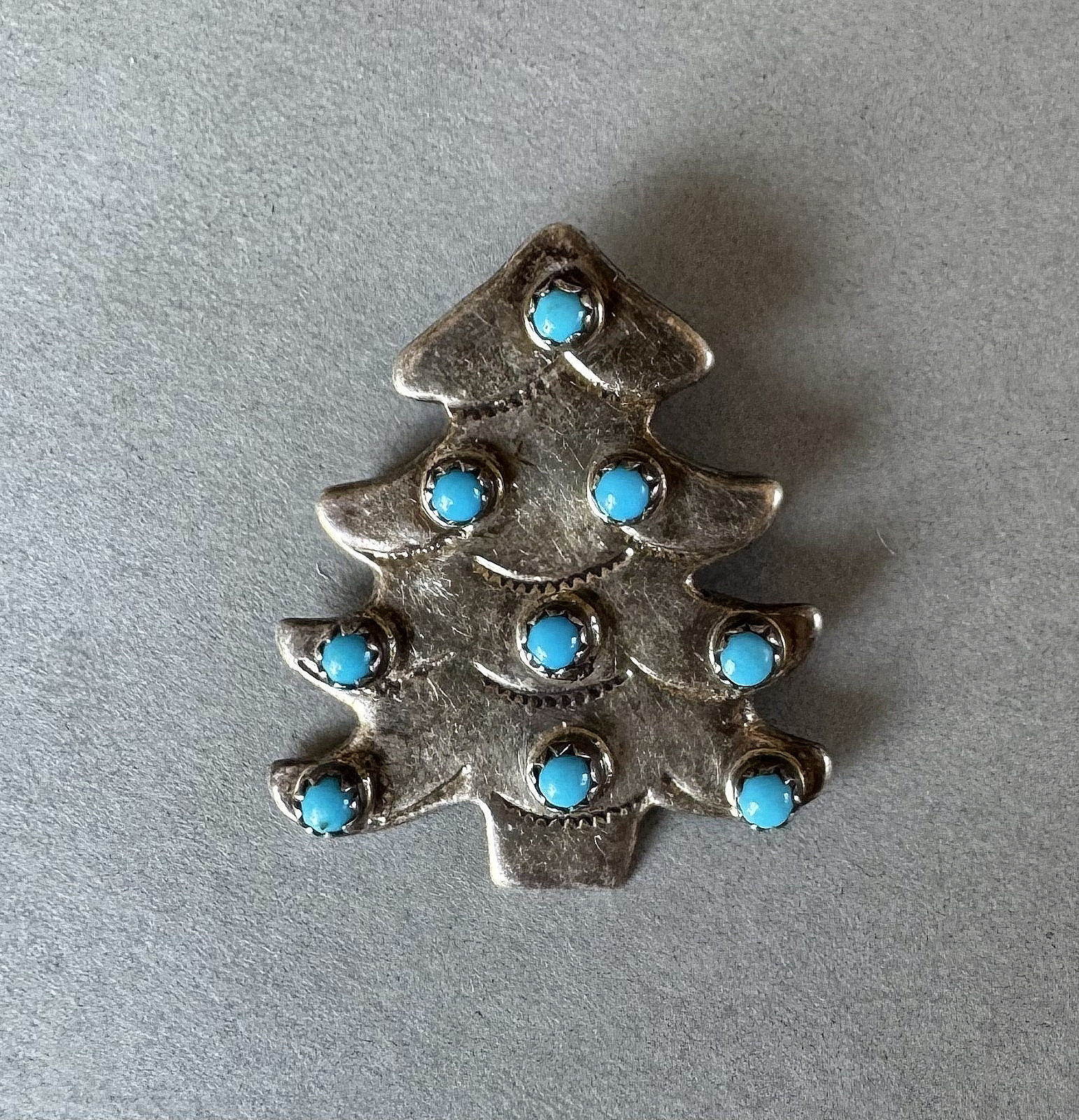 Vintage Navajo Sterling  Silver And Turquoise Cristmas Tree Pin