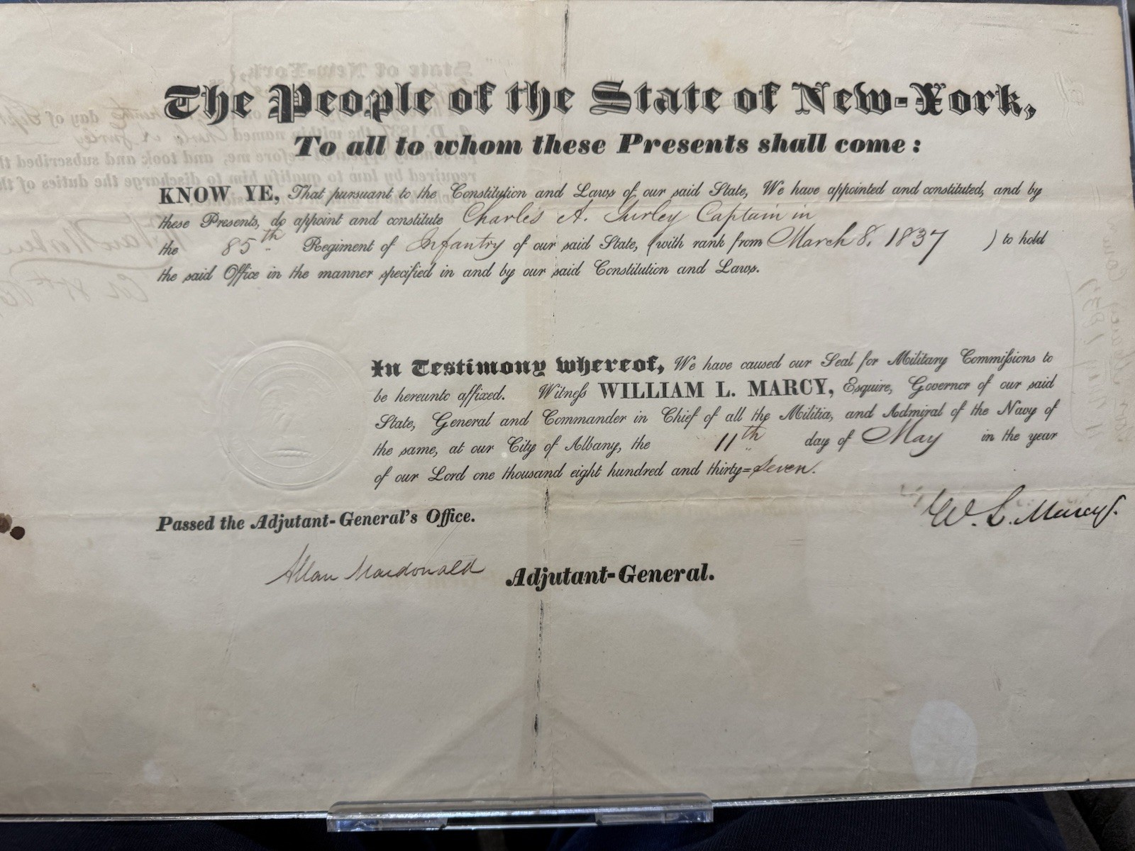 Governor William L Marcy - 1837 Military appointment - NY Historical Manuscript