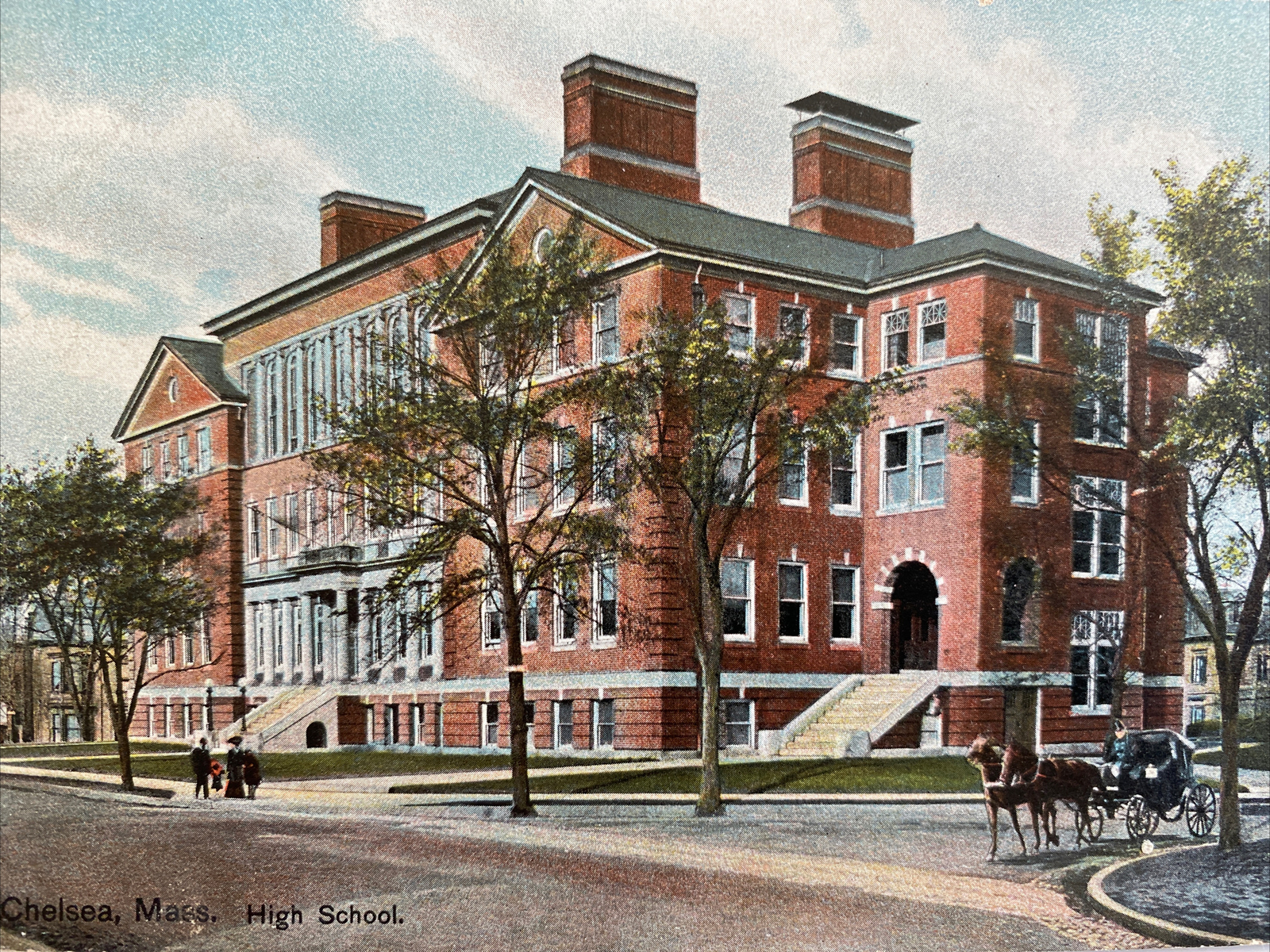 Chelsea High School Massachusetts MA c 1910 Horse & Buggy Street View