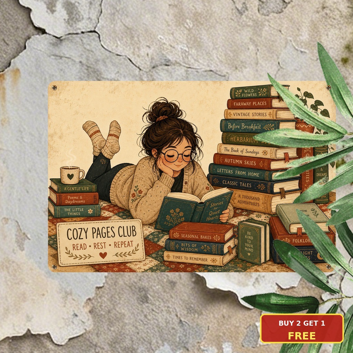 Book Lover Girl Reading Illustration Surrounded Stacked Books Tin Sign