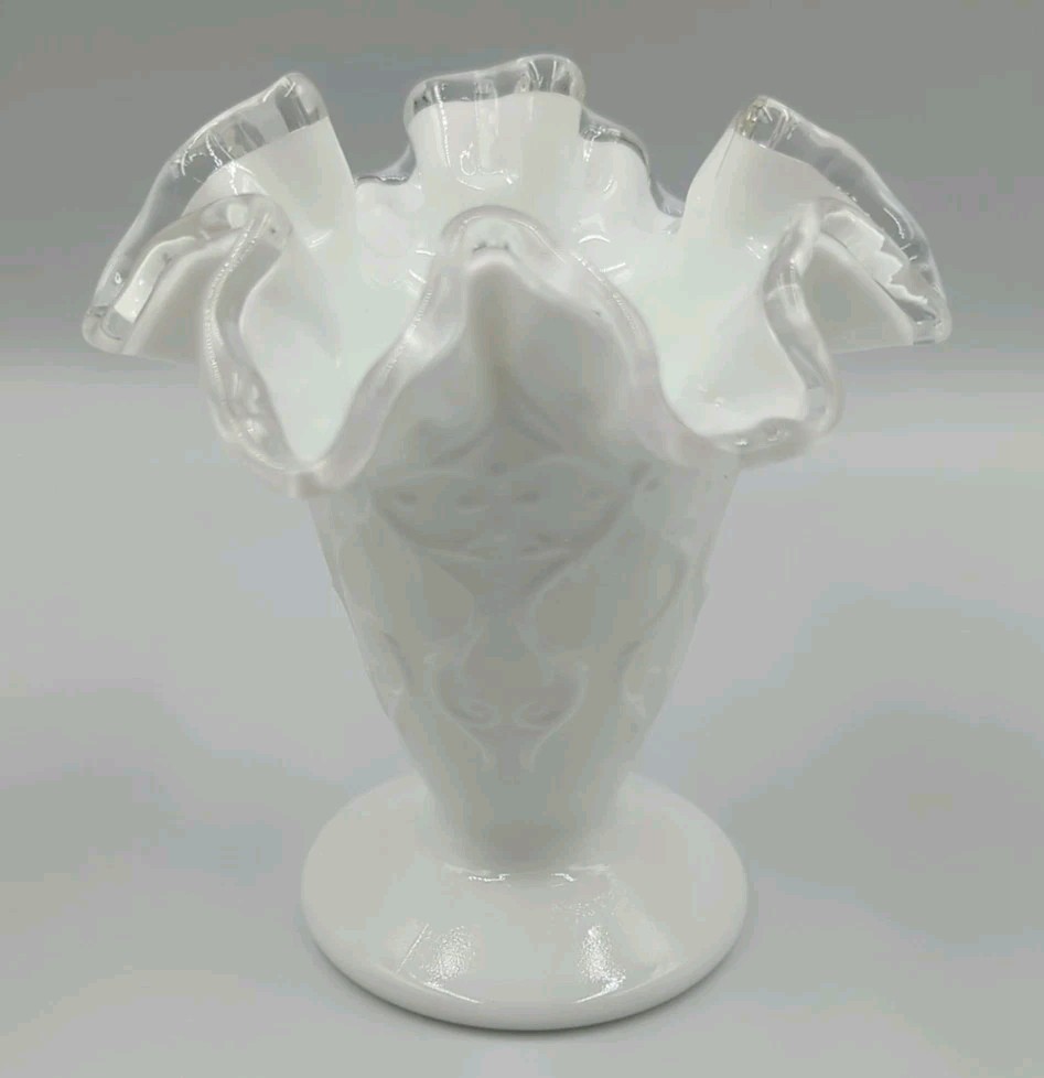 Vintage Fenton Silver Crest Milk Glass Spanish Lace Trumpet Vase Vintage Fenton Silver Crest Milk Glass Spanish Lace Trumpet Vase