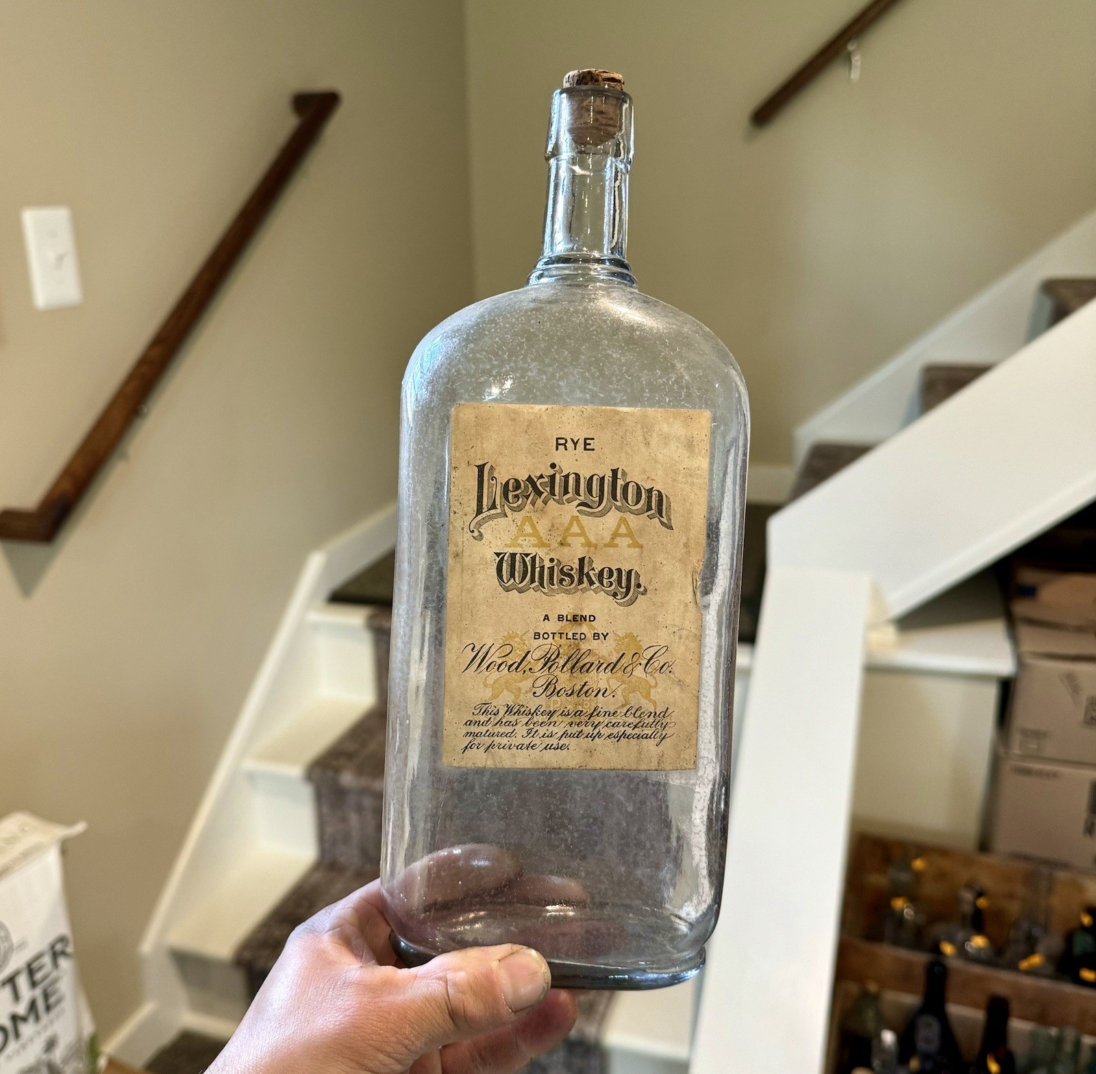 Rye Lexington AAA Whiskey Wood Pollard & Co Boston MA Labeled Blown Bottle Nice