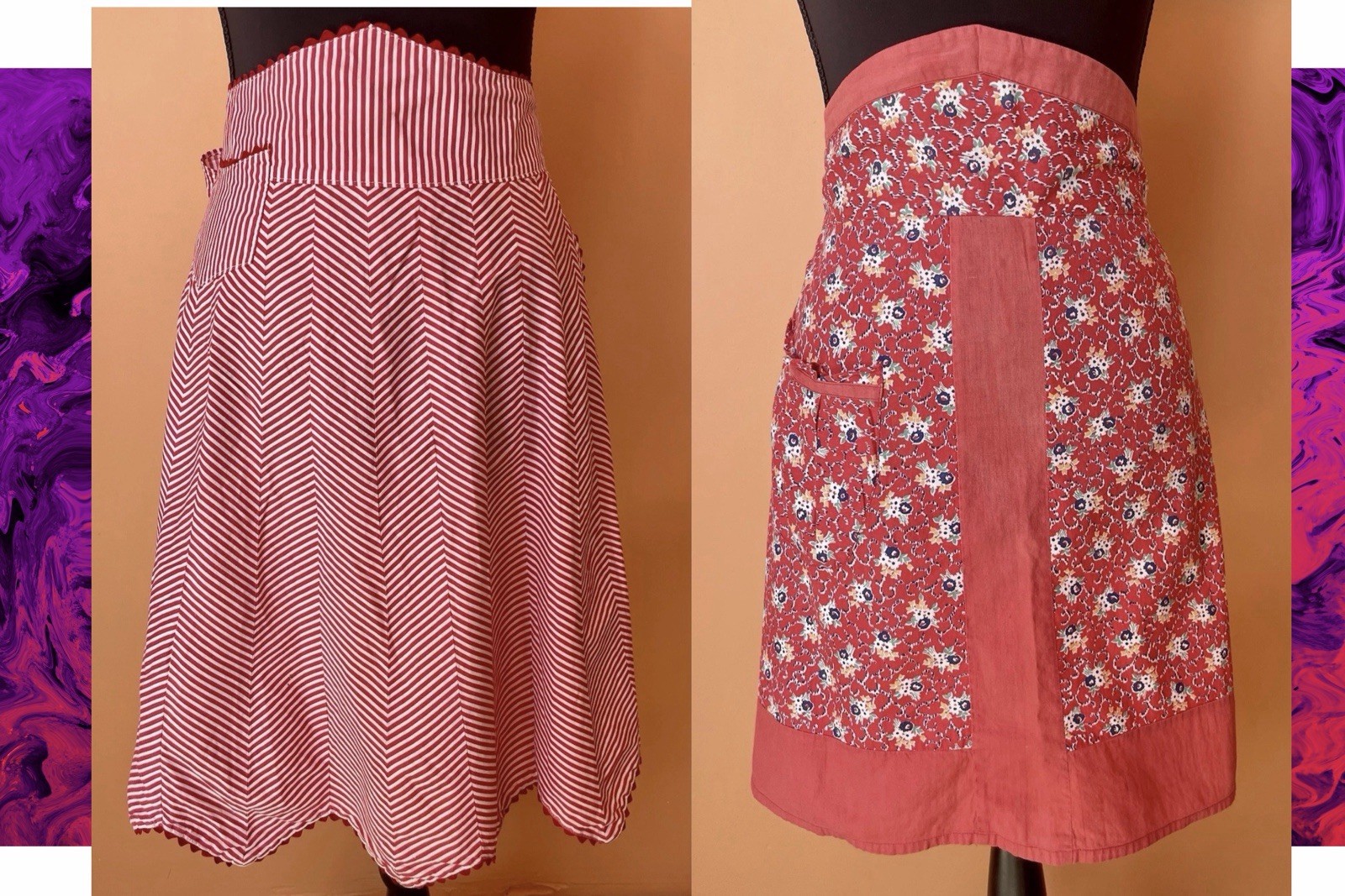 VTG Aprons Red & White Stripes & Floral Cocktail Retro 1950 Set 2
