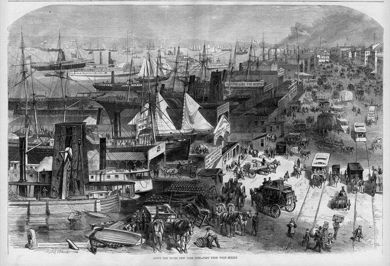 NEW YORK CITY ALONG THE DOCKS VIEW FROM WEST STREET SHIPS BOATS HORSES CARRIAGES