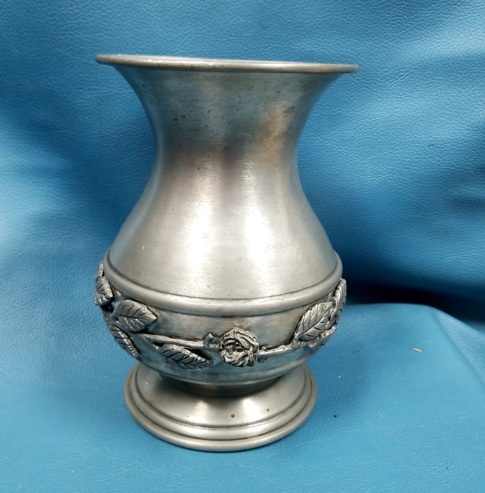 VTG Donegani Pewter Vase w Embossed Roses 8\