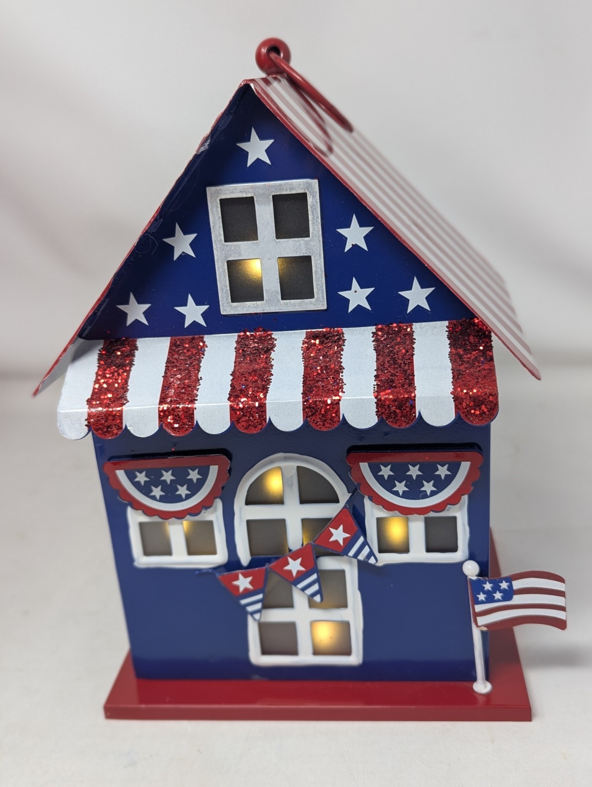 Cute Patriotic Americana July 4th Red/White/Blue Metal Lighted House Glitter 