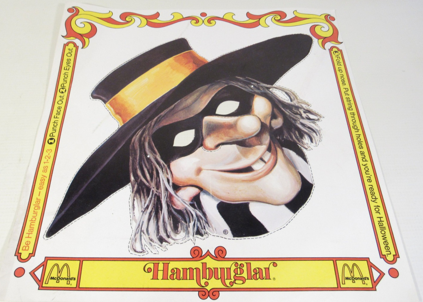 RARE VTG 1971 McDonald’s Hamburglar Paper Cut-out Halloween Mask Collectible