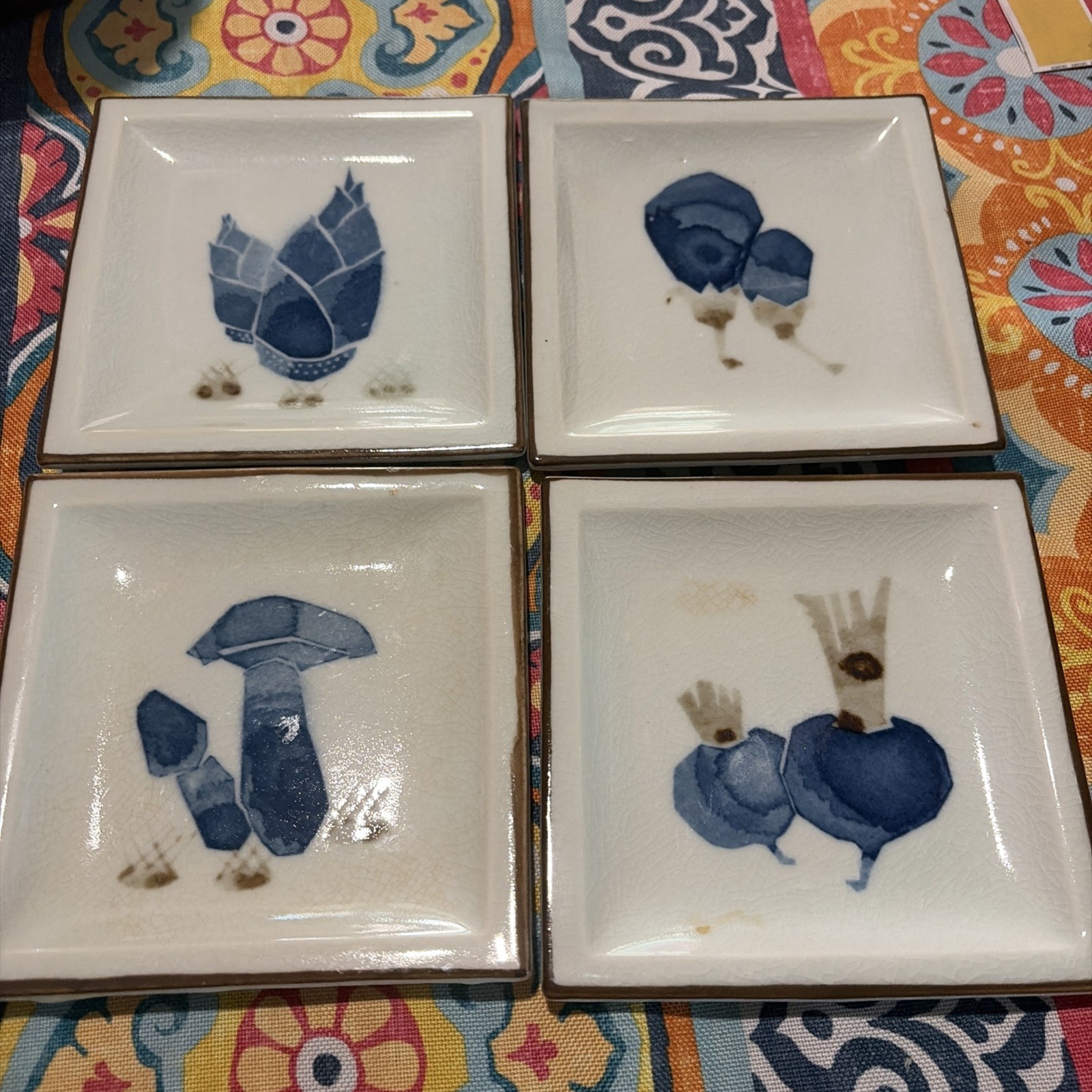 Vtg Otagiri OMC Japan Square Appetizer Plates Set Of 4 Vegetables Mushroom