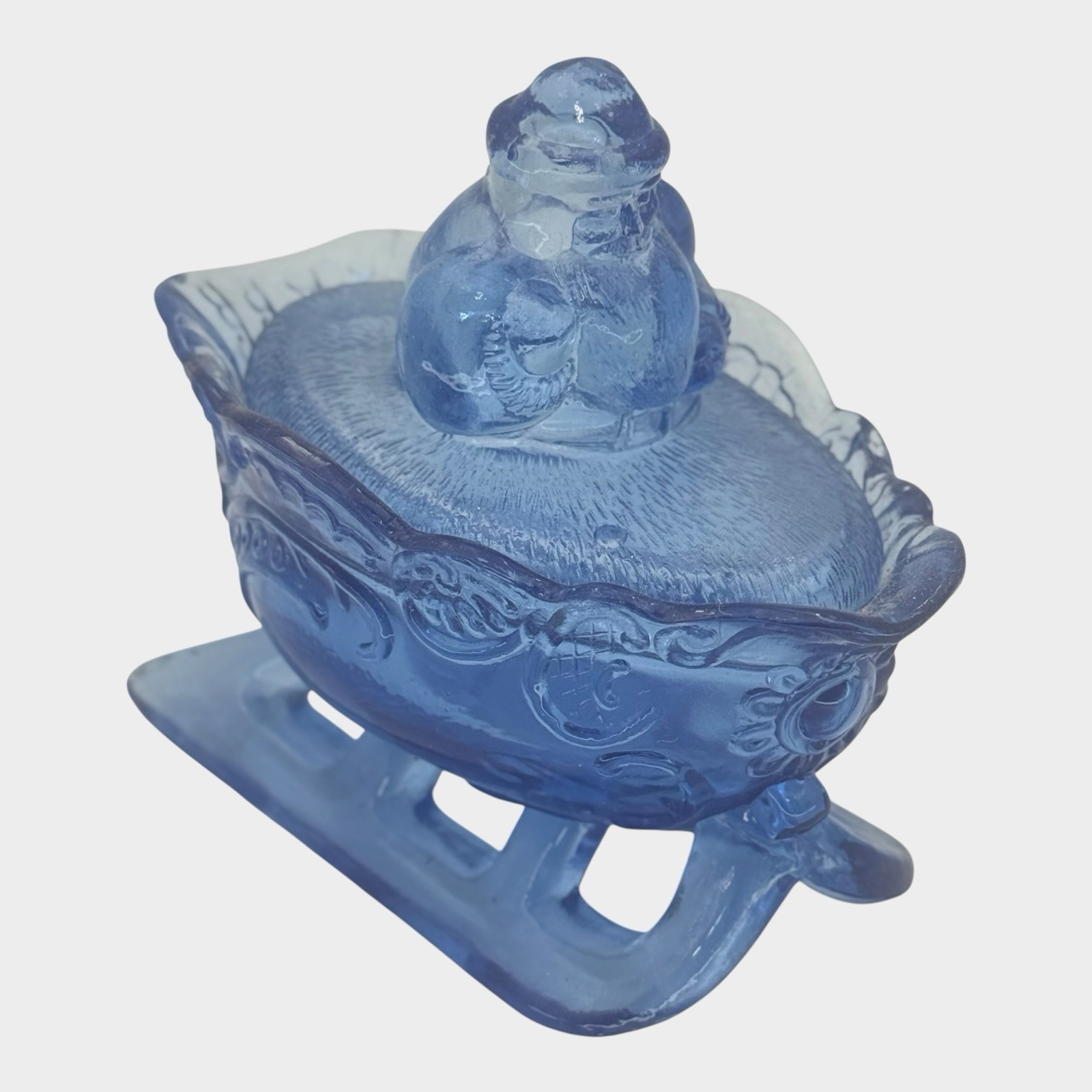 Blue Glass Santa on Sleigh Covered Candy Dish Westmoreland Style Christmas VTG