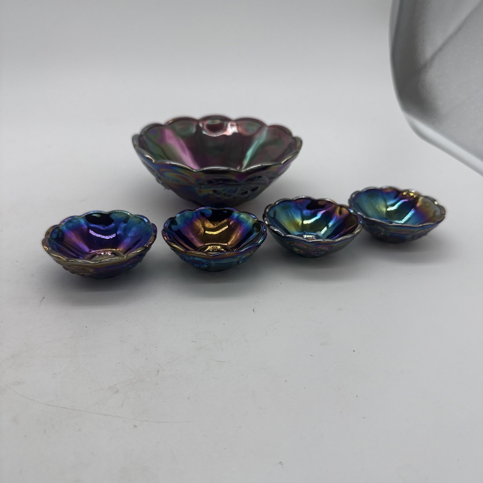 Vintage Mosser Carnival Glass Salt Cellar Set Cherry Motif RARE