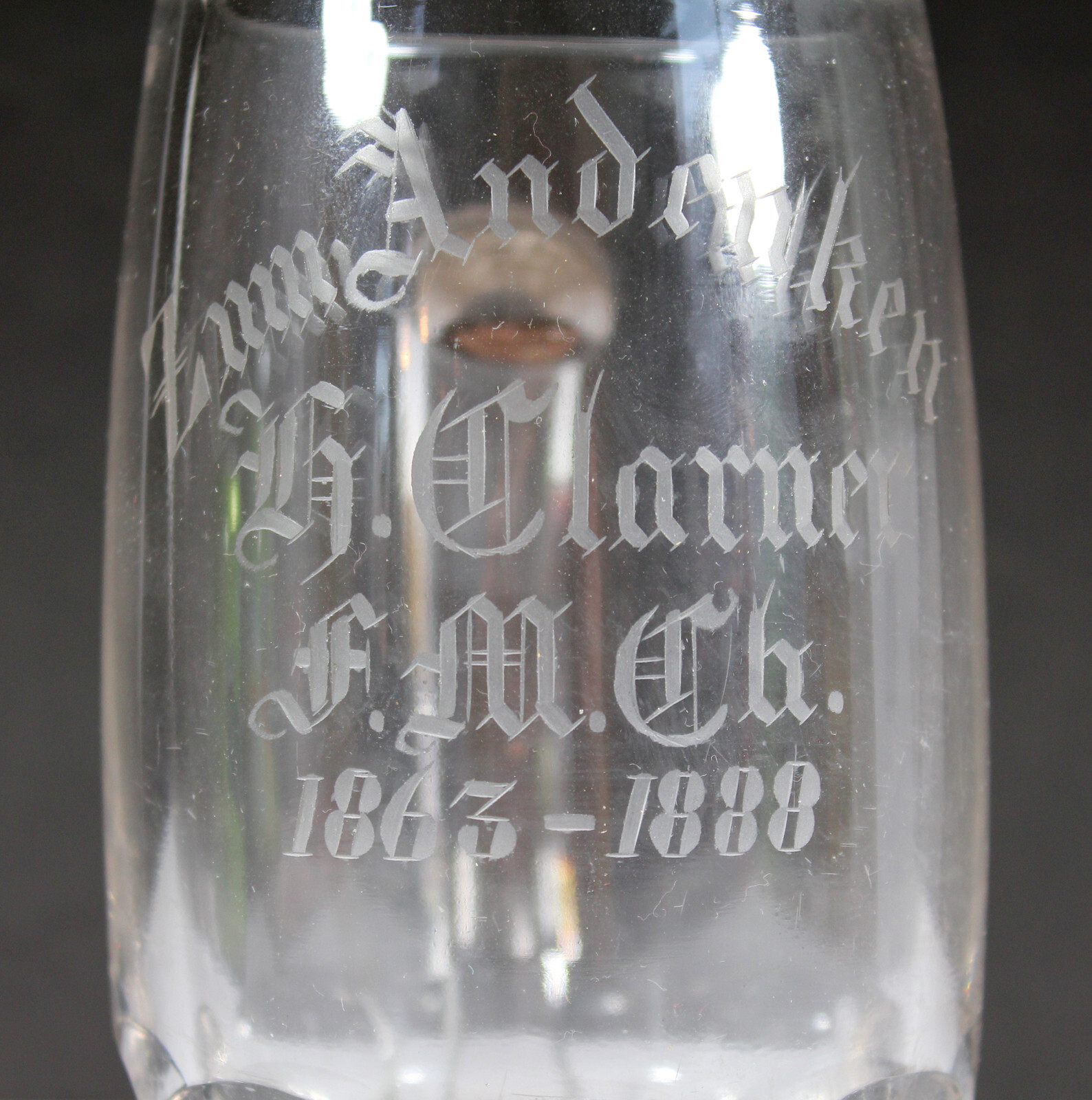 Antique 1888 GERMAN MEMORIAL GLASS BEER STEIN Etched Brewery Mug
