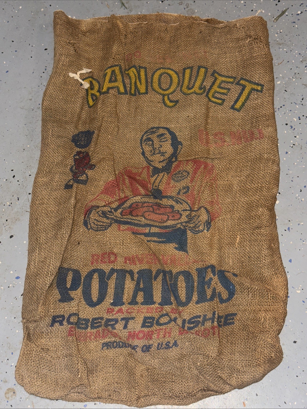VTG Banquet North Dakota Potatoes Burlap Bag 100 lbs Gunny Sack Rare Antique htf VTG Banquet North Dakota Potatoes Burlap Bag 100 lbs Gunny Sack Rare Antique htf