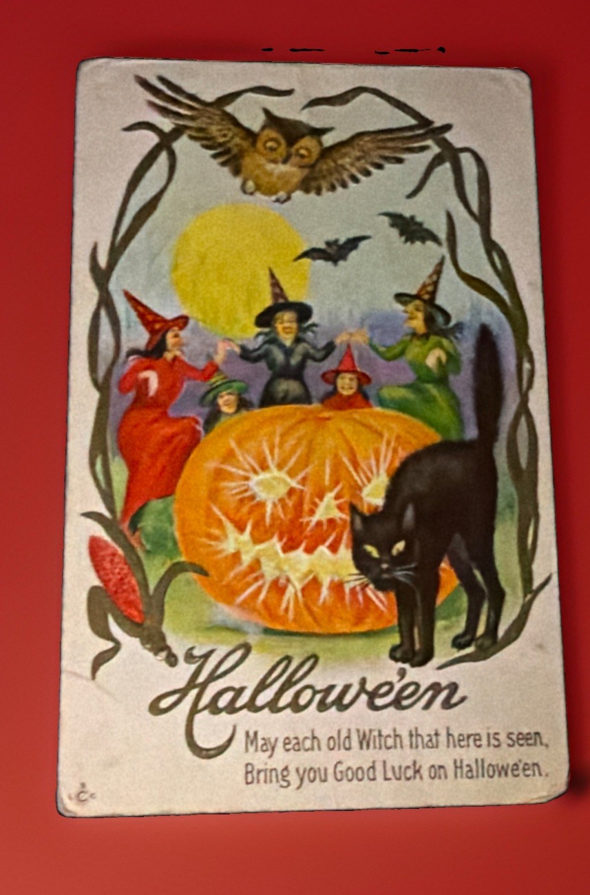 Vintage Stecher Halloween Postcard Witches JOL Black Cat Owl Bats 216 D Embossed