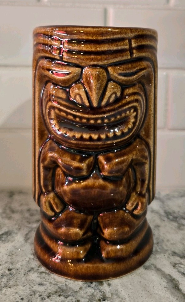 Vintage Hawaiian Mug Tiki Leilani 2 Sided Ceramic Glass Cup Pottery Brown