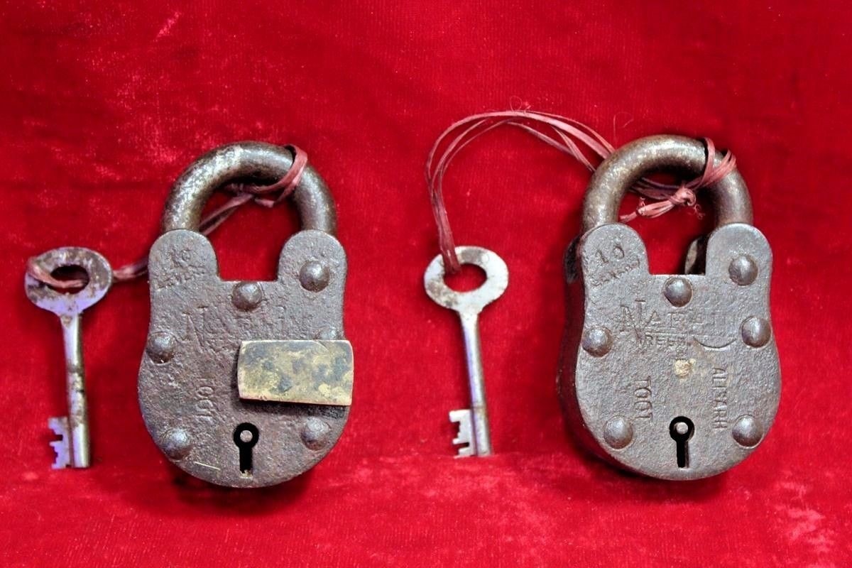 Old Antique Vintage Rare Set of 2 Iron Brass Lock and Key Collectible
