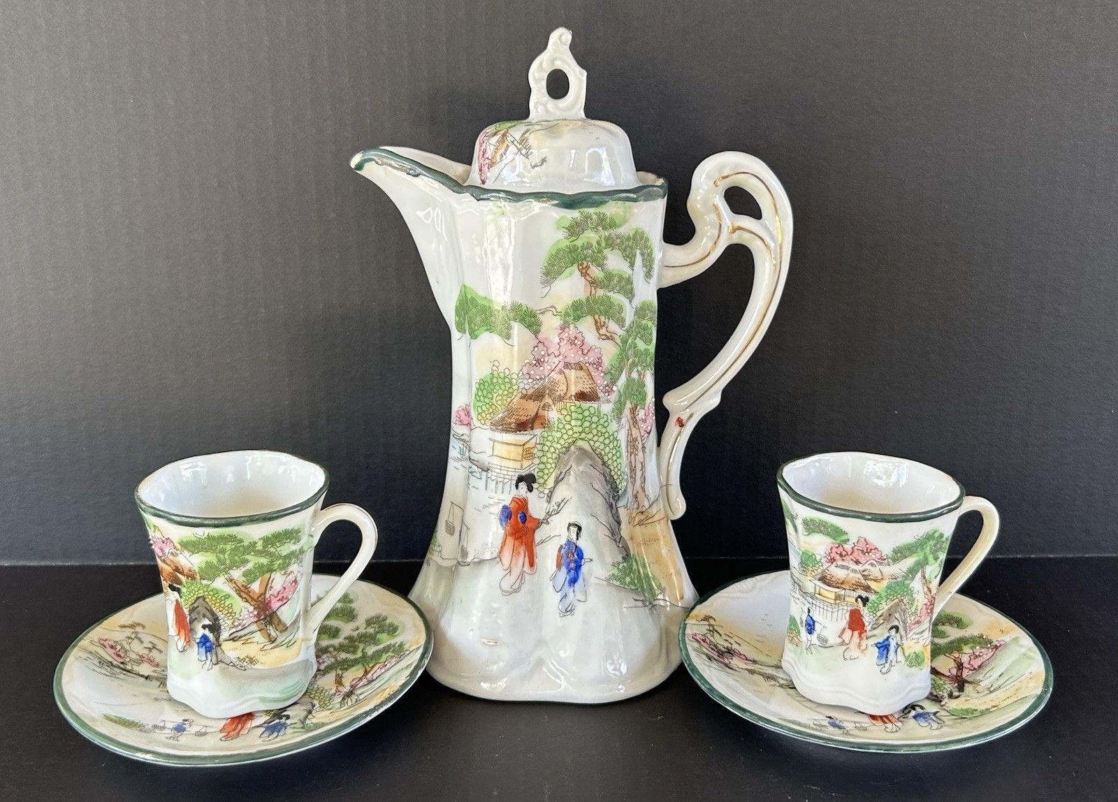 Antique Nippon Chocolate Pot Set Hand Painted Geisha Girls & Landscape Scene Antique Nippon Chocolate Pot Set Hand Painted Geisha Girls & Landscape Scene