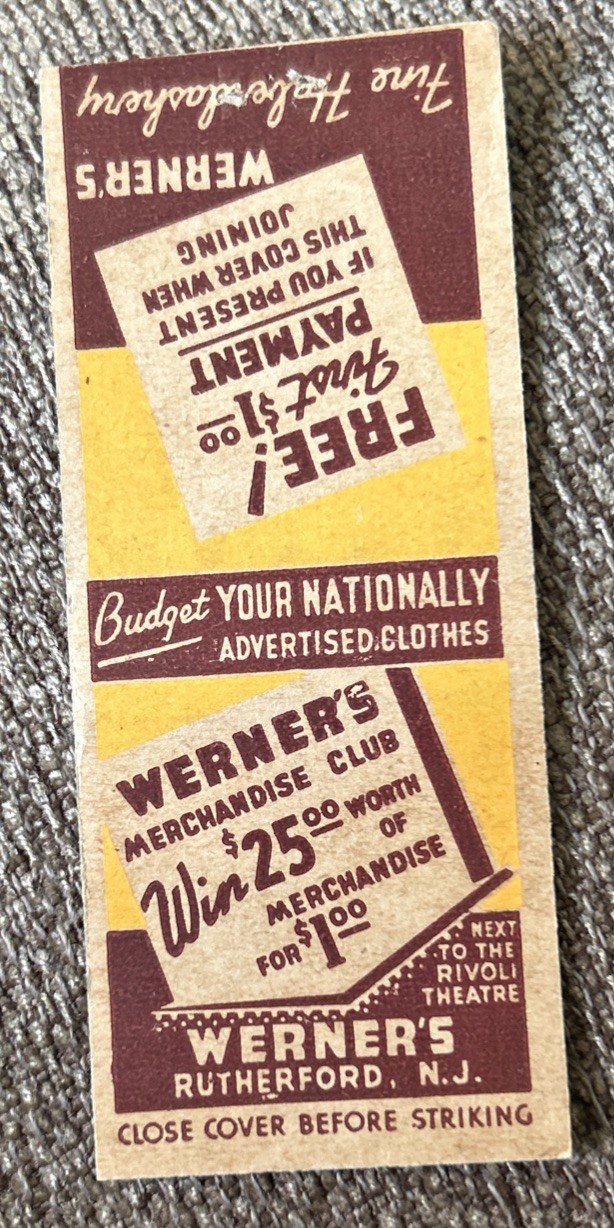 Vintage WERNER’S Merchandise Club Matchbook Cover, Rutherford, N.J. Vintage WERNER’S Merchandise Club Matchbook Cover, Rutherford, N.J.