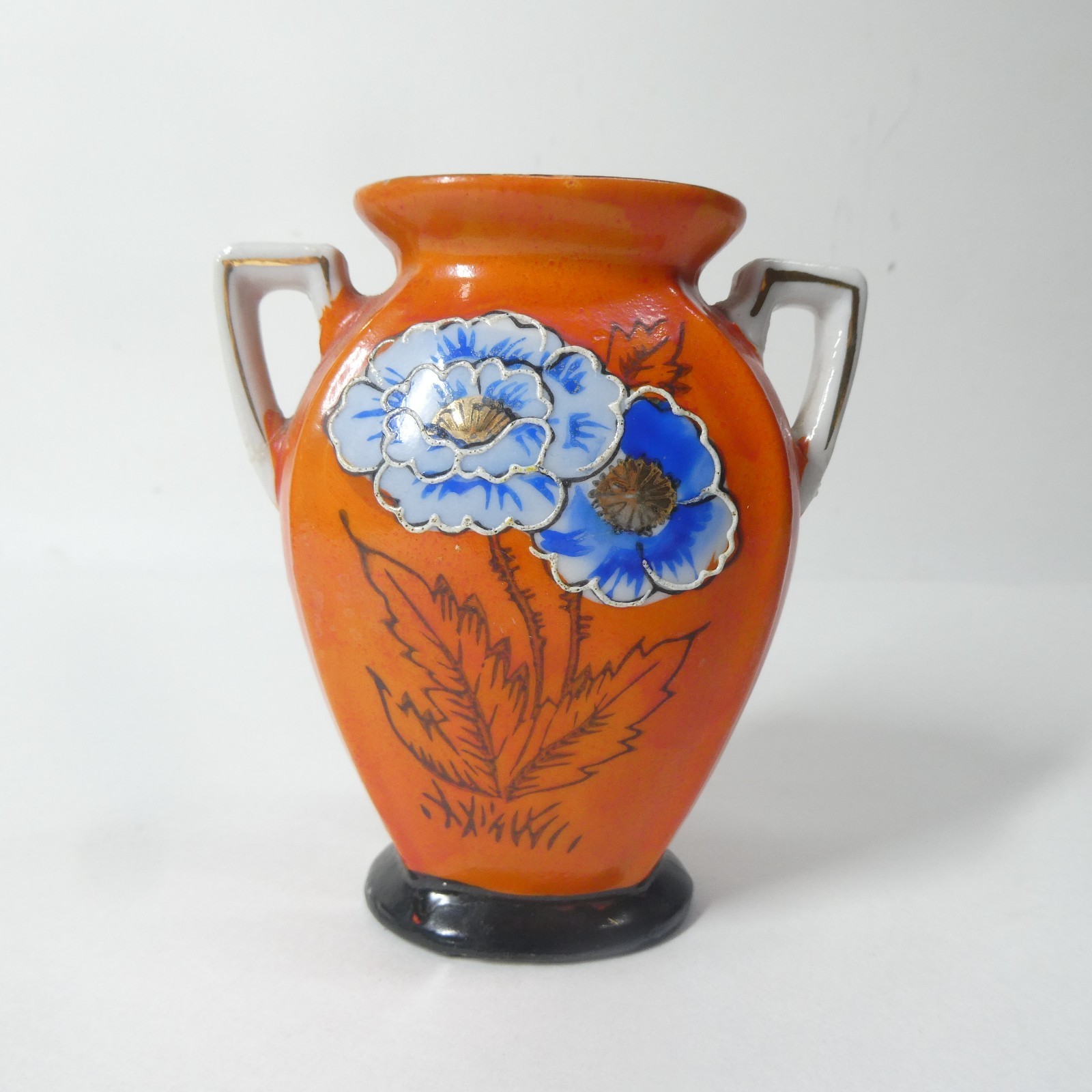 Orange Vase Blue Flowers Art Deco Japan Vintage Porcelain 3.75\