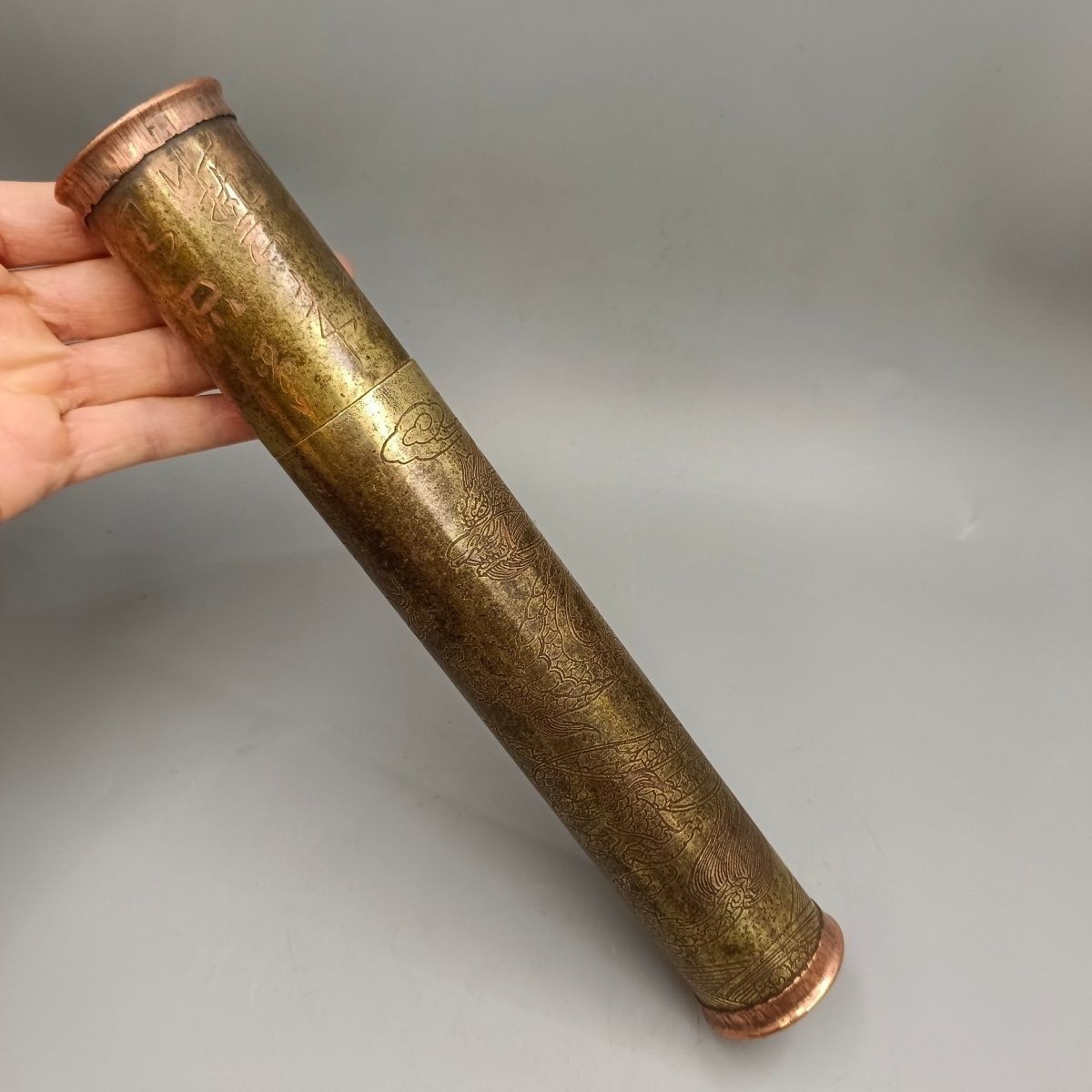 Vintage Engraved Brass Incense Tube Antique Cylindrical Incense Storage