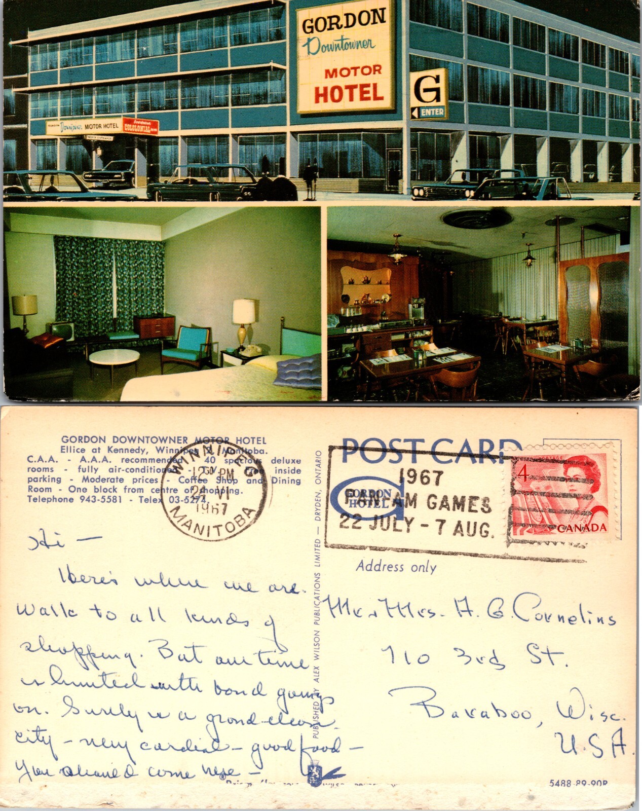 Gordon Downtown Motor Hotel Winnipeg Manitoba Postcard