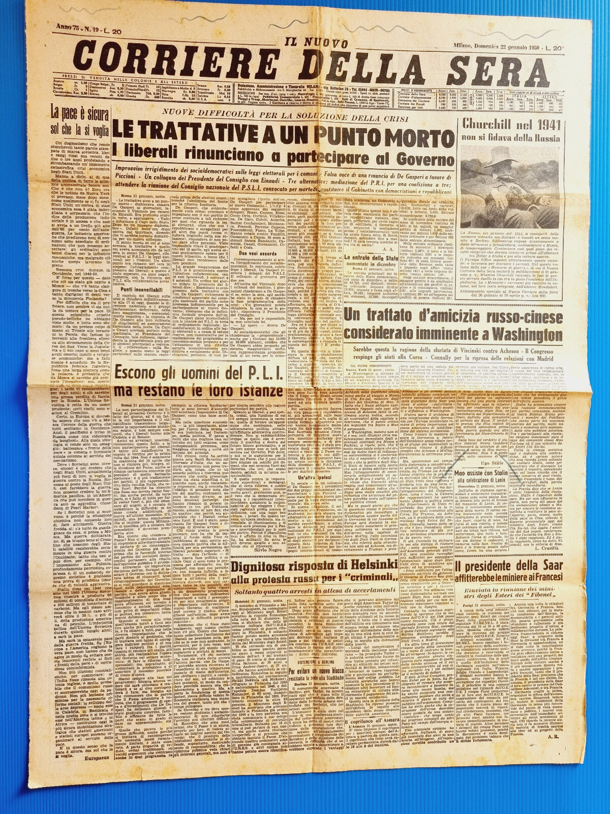 CORRIERE DELLA SERA 22 JANUARY 1950 CHURCHILL - FIBENEL - HELSINKI - SAAR