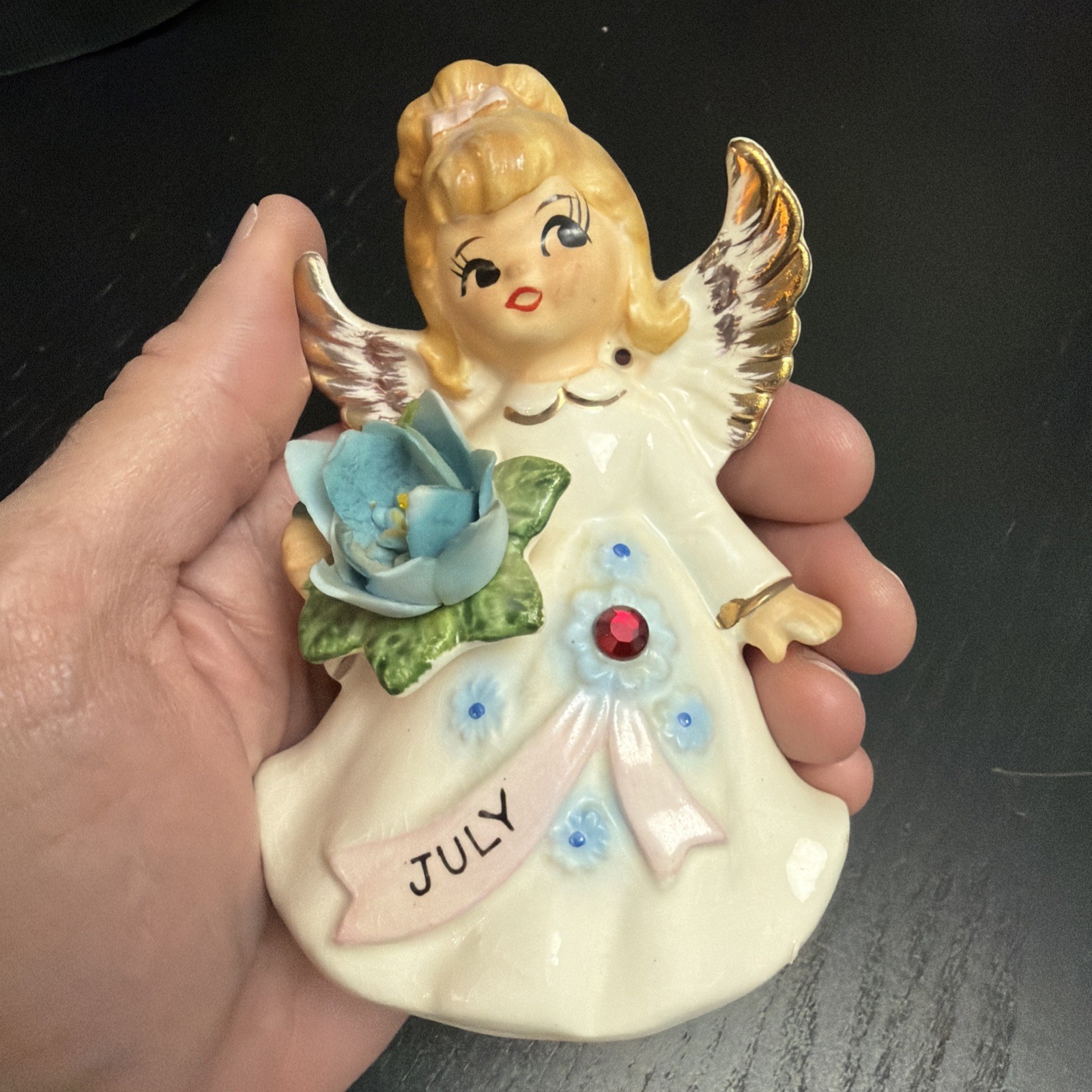 Vintage Lefton July Birthday Girl Angel Figurine 6224 4 1/2” Blue Flower Red Gem Vintage Lefton July Birthday Girl Angel Figurine 6224 4 1/2” Blue Flower Red Gem