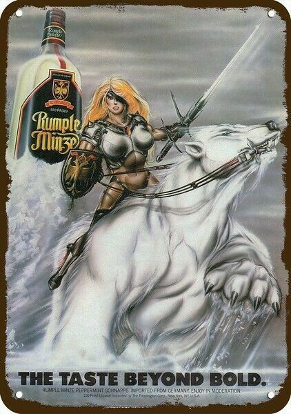 1986 RUMPLE MINZE Sexy Woman & Polar Bear Vnt-Look DECORATIVE REPLICA METAL SIGN 1986 RUMPLE MINZE Sexy Woman & Polar Bear Vnt-Look DECORATIVE REPLICA METAL SIGN