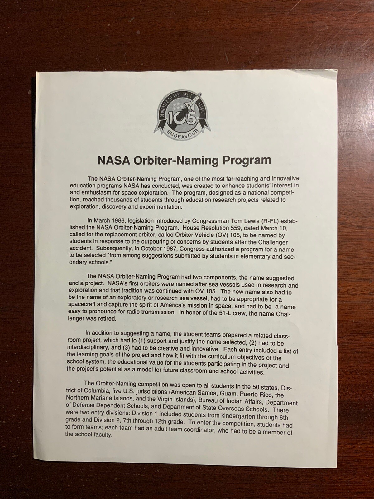 NASA Orbiter-Naming Program Endeavour Vintage Sheet