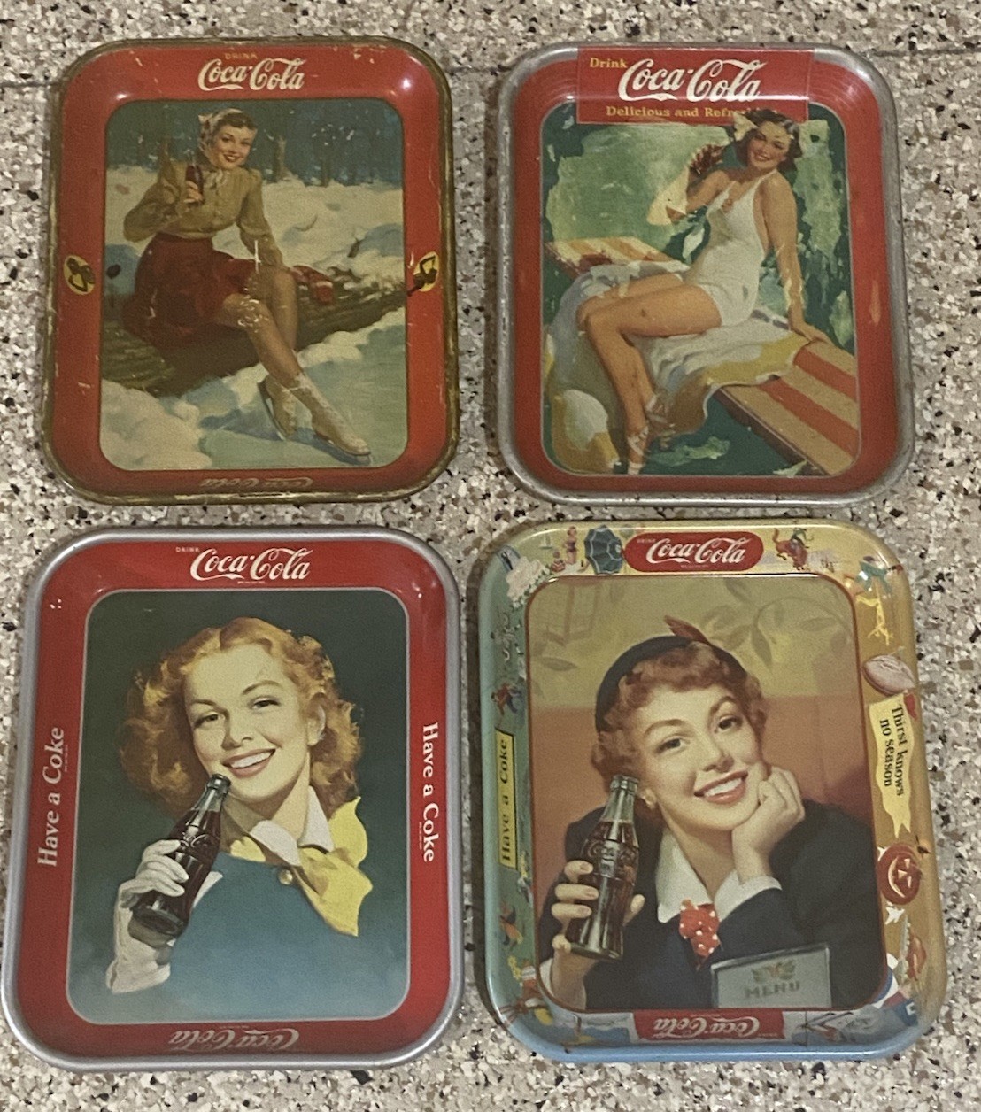 4 Vintage Coca-Cola Metal Serving Trays 1940s 1950s Coke Girls Advertising Lot