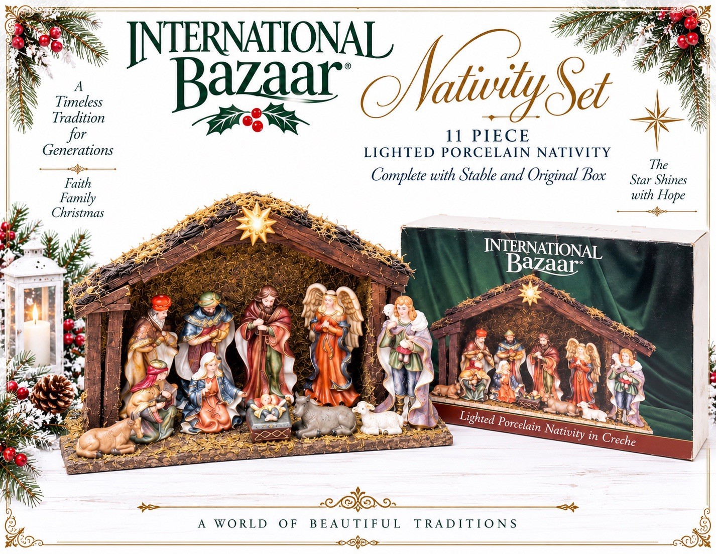 Vintage (11) Piece Lighted Porcelain Nativity Set In Creche International Bazaar