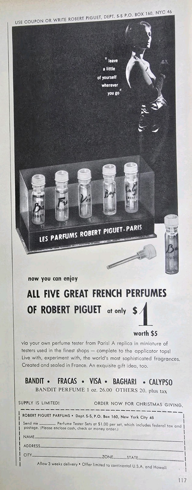 1964 Les Parfums Robert Piguet five great French perfumes bottles vintage Ad