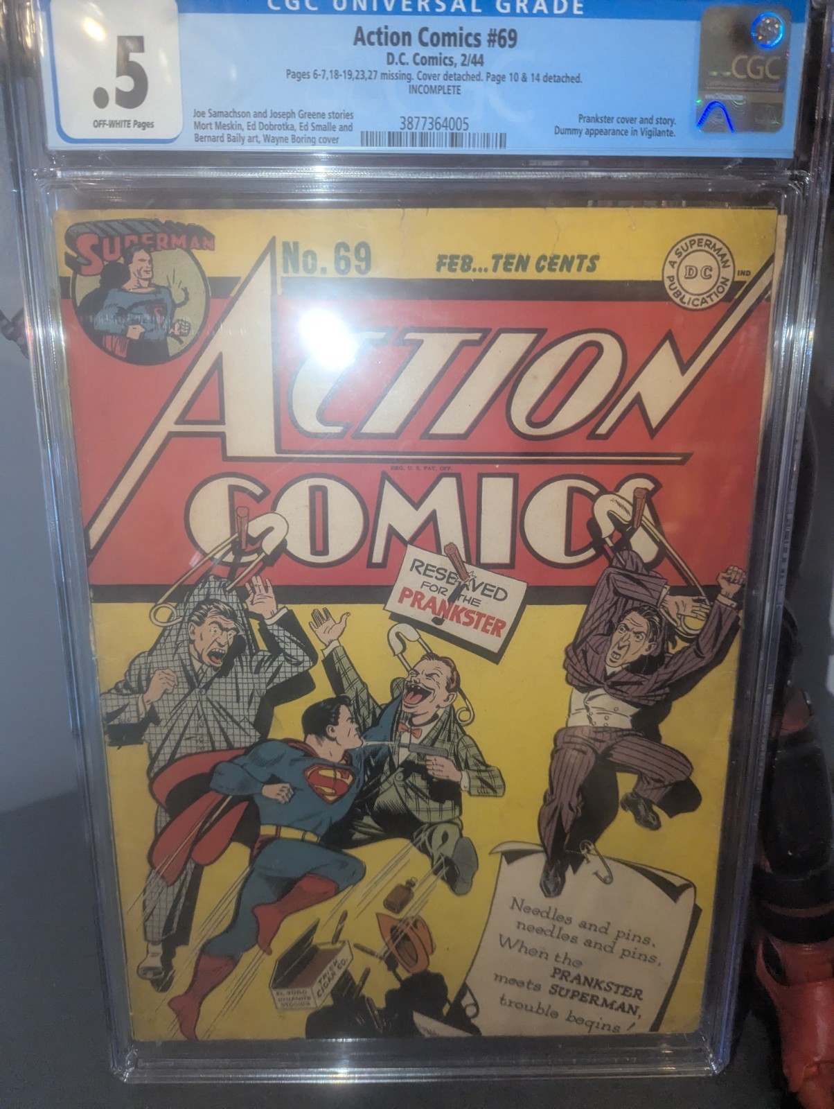 1944 D.C. Comics Action Comics 69 CGC .5 Superman and Prankster Cover 1944 D.C. Comics Action Comics 69 CGC .5 Superman and Prankster Cover