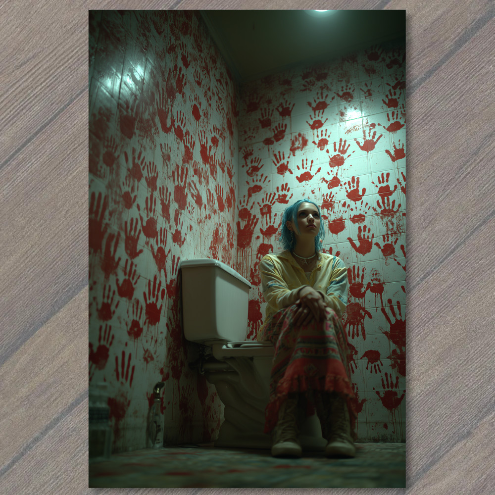 POSTCARD Blue Haired Woman Toilet Blood Handprint Horror Bathroom Weird Art