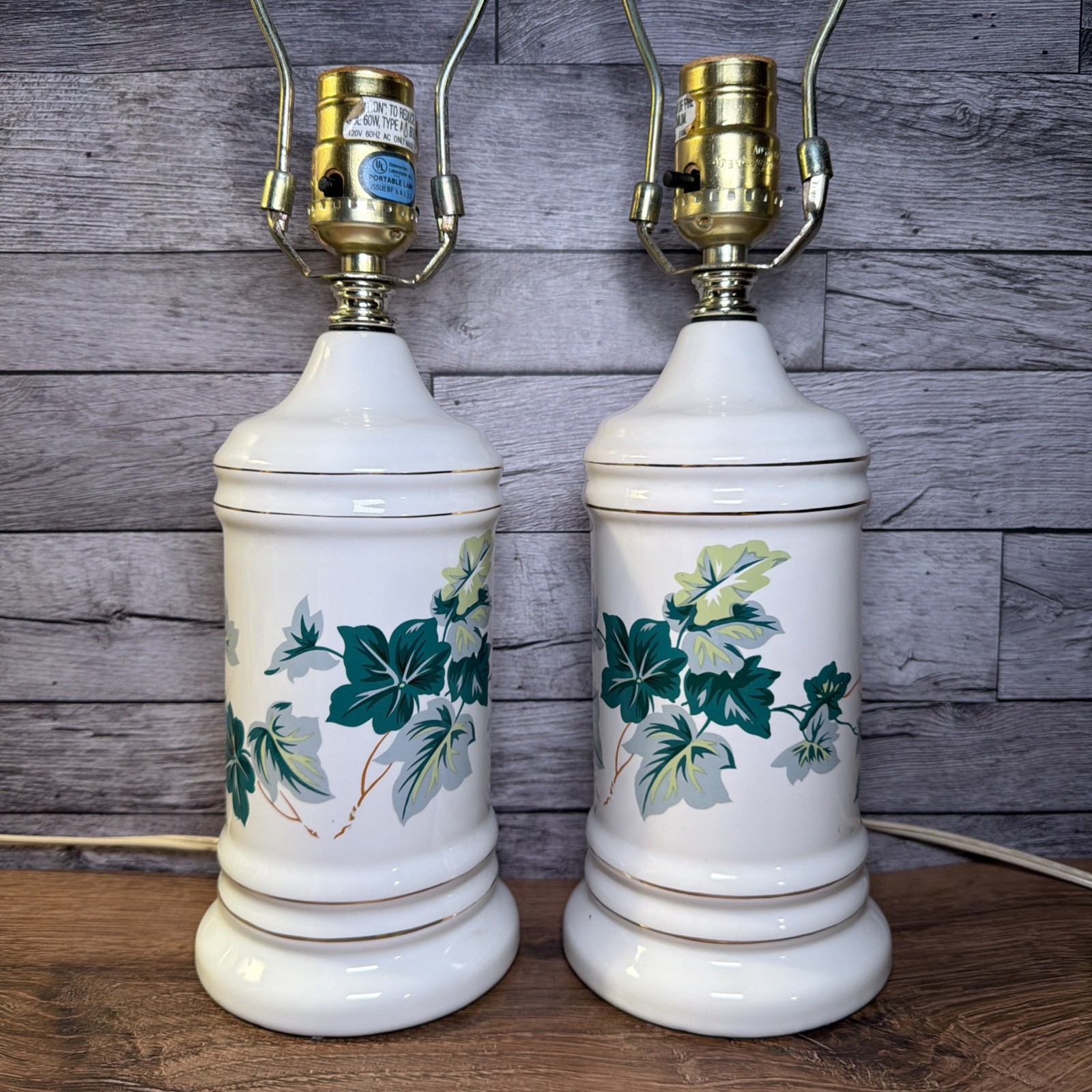 Pair of Vintage Mid Century Ceramic Table Lamps 12 In White Green Ivy Leaf Gold