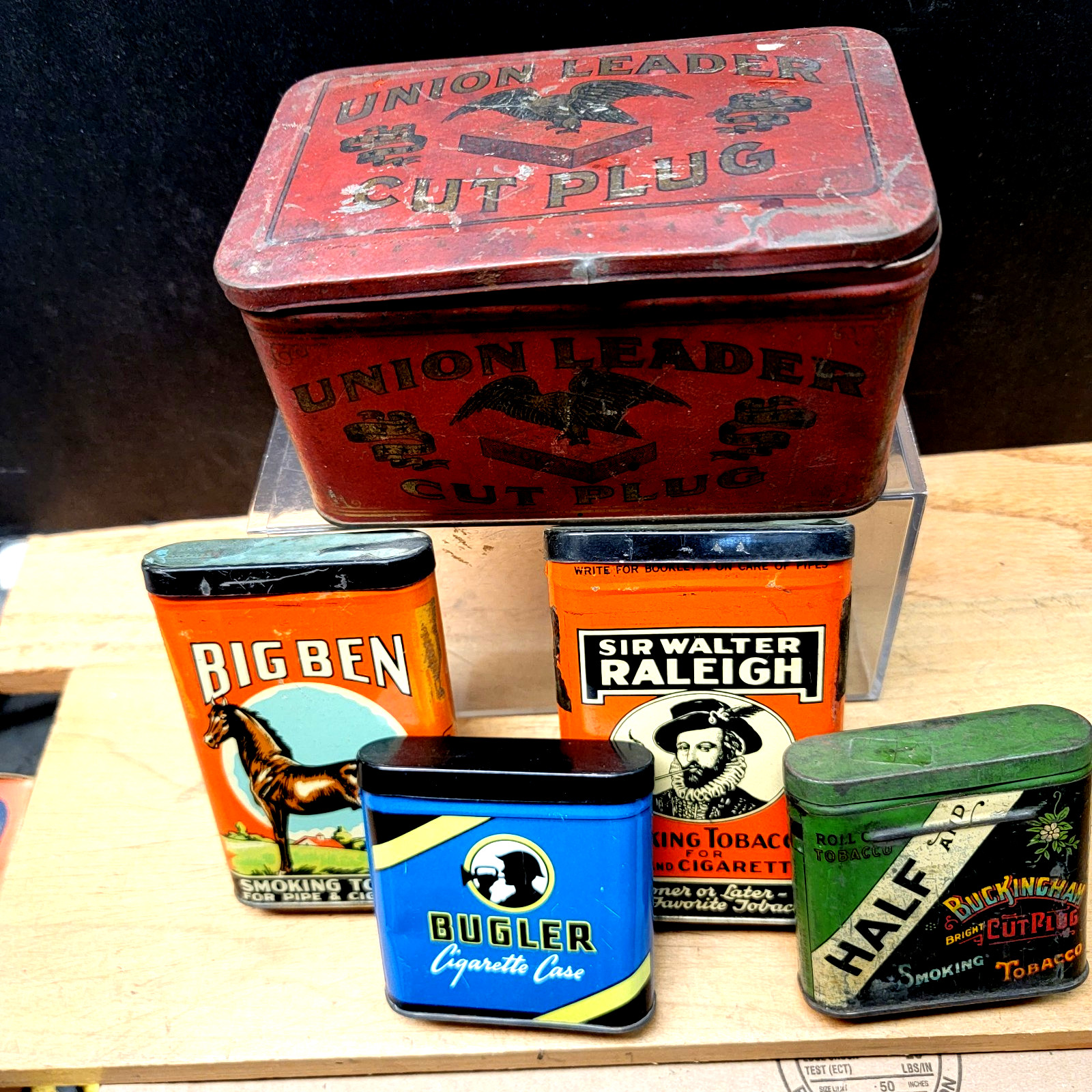 VINTAGE/ANTIQUE FIVE TIN DECCO TOBACCO BOXES