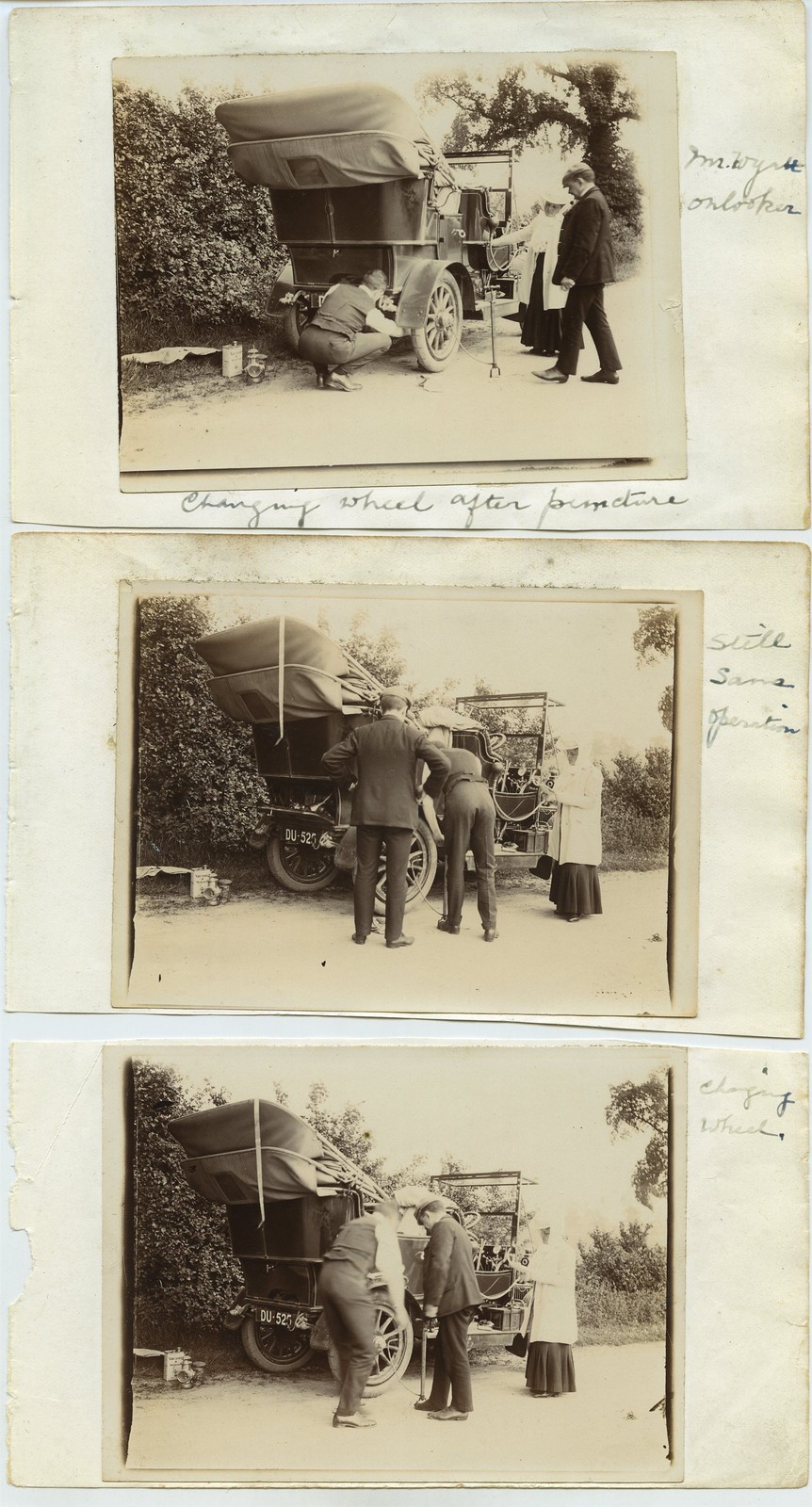 Vintage Car Changing Wheel Puncture DU 525 c1910s 3 VTG Photos