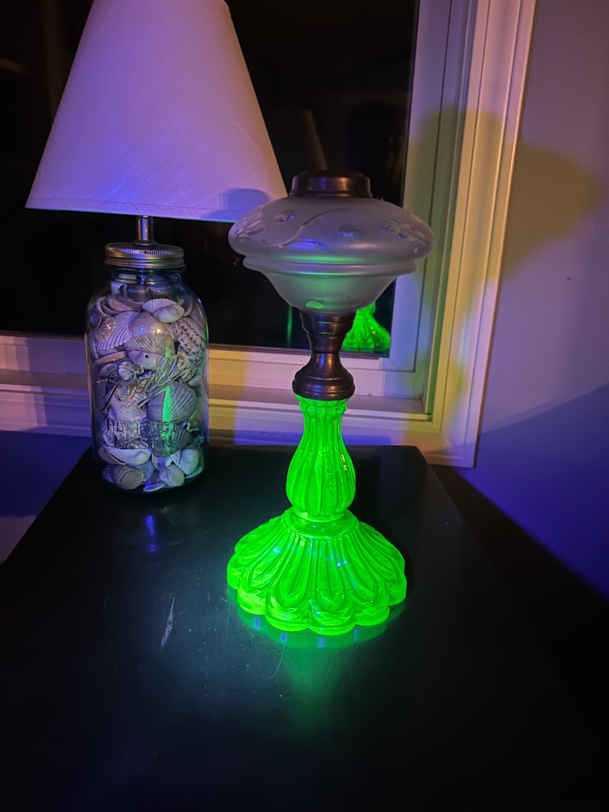 Antique Green Uranium & Etched Frosted Glass Oil Lamp Base w/ Brass Detail Antique Green Uranium & Etched Frosted Glass Oil Lamp Base w/ Brass Detail