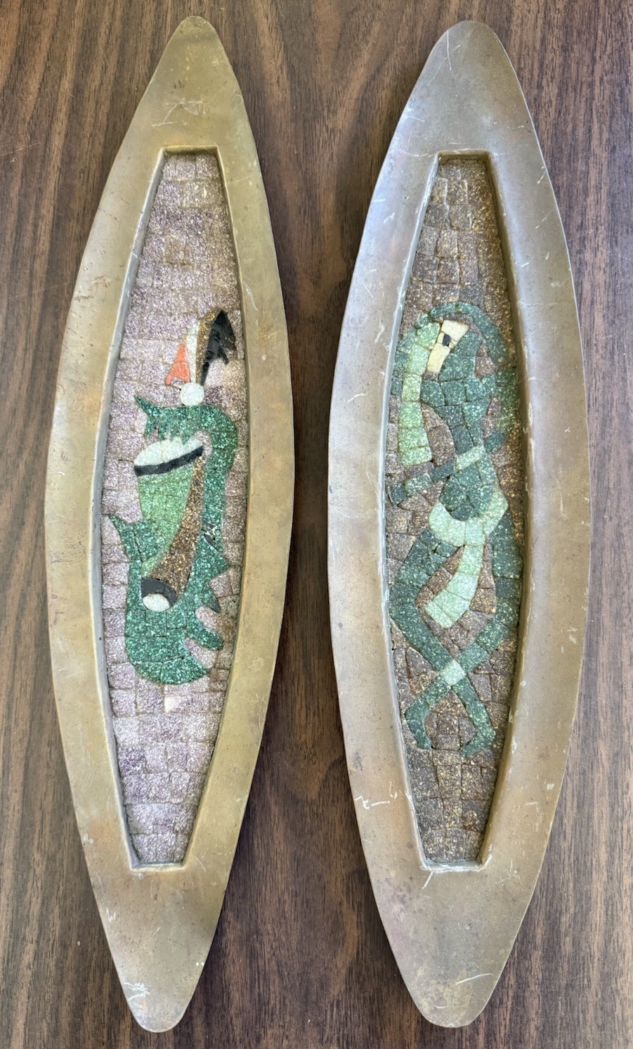 2 Vintage Salvador Teran Wall Hangings Hand-Wrought Brass Mosaic Tile See Pics 2 Vintage Salvador Teran Wall Hangings Hand-Wrought Brass Mosaic Tile See Pics