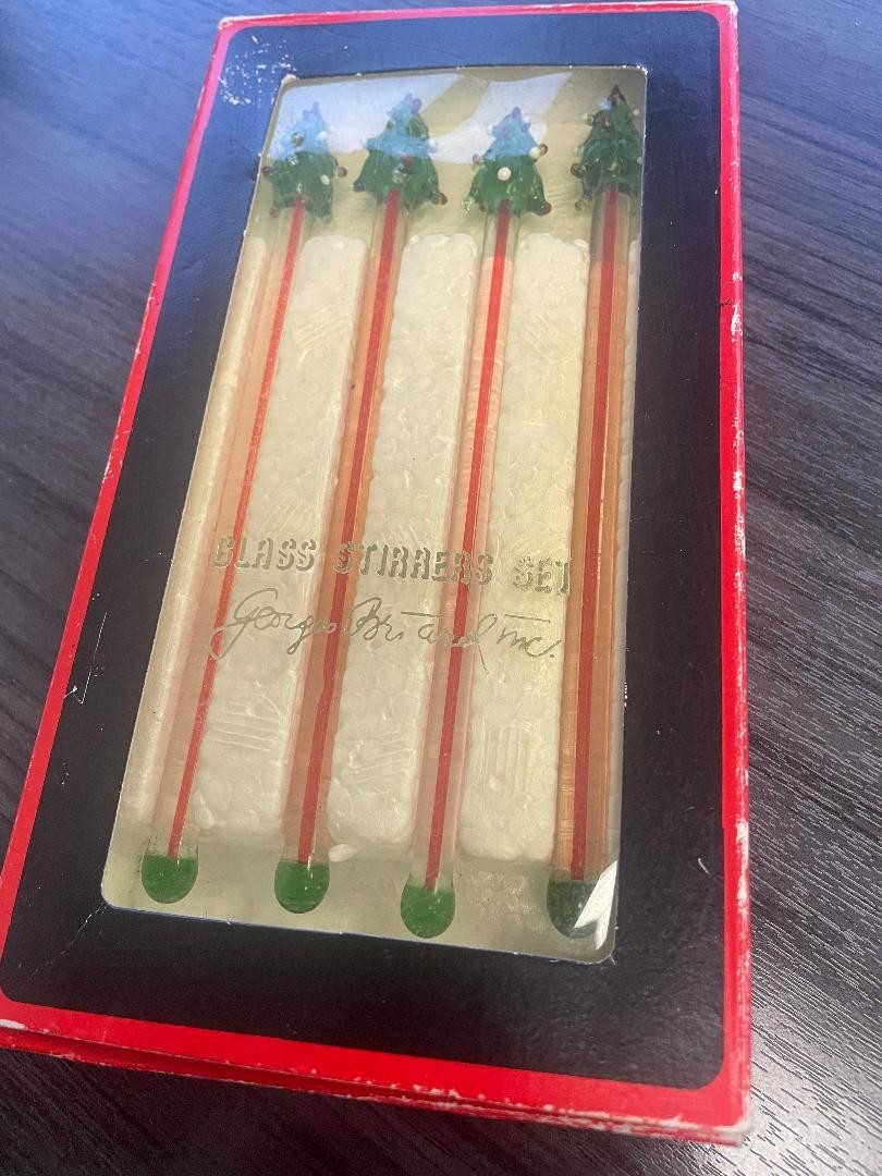 Vintage Georges Briard Glass Stirrers~Christmas Trees~Set of 4~#S1165-00~Taiwan Vintage Georges Briard Glass Stirrers~Christmas Trees~Set of 4~#S1165-00~Taiwan